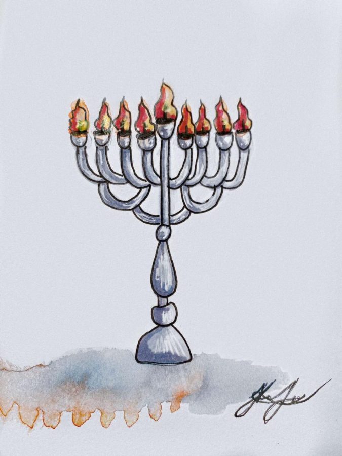 A+drawing+of+the+symbol+of+Hanukkah%2C+the+Menorah%2C+or+the+nine+candles+that+represent+the+days+that+the+Temple+lantern+blazed.+The+drawing+was+done+by+a+Lindbergh+art+student%2C+Hal+Lueking%2C+who+wants+more+representation+for+lesser+known+holidays.+%0A