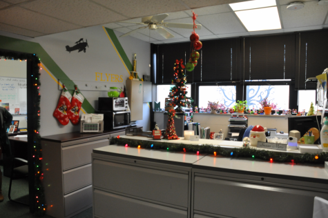 Administrative assistant, Susan Merz shows her holiday spirit by going all out in decorating her office. Many other staff have put up decorations for the holidays in the past. “I decorate like this at my own home and I would like to make it feel more homey and that is why we decorate and burn candles,” Merz said.