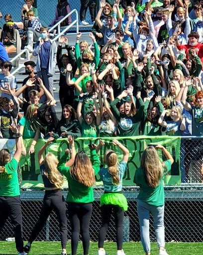 Sophomore students wear green to support their class at the Pep Rally. Photo credits to staff writer, Maddie Woods.