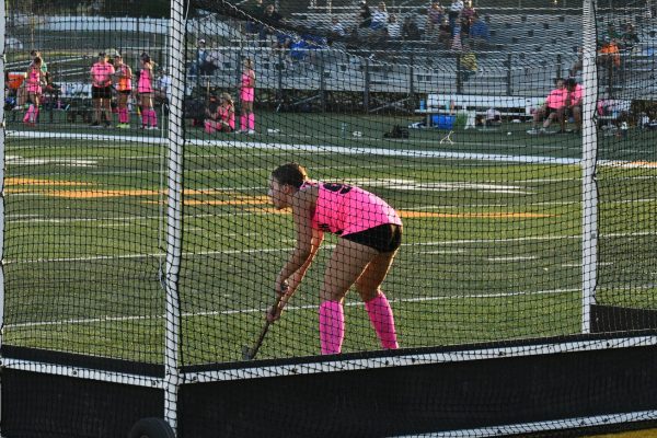 Freshman Morgan Henderson plays defense in the net in the game versus the Ladue Rams on October 14th to help the goalie out. The game ended in a 3-0 defeat at Flyers Field. “As a defender, it is my job to help out in net when my goalie plays a ball,” Henderson said.